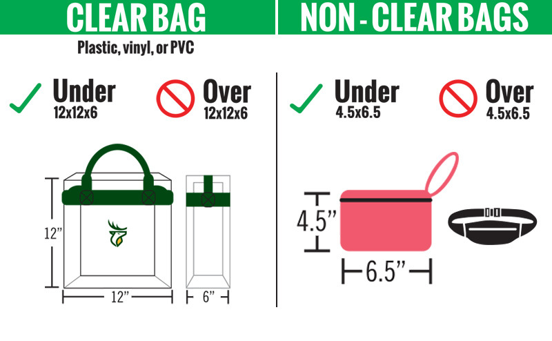Clear bags: Must be plastic, vinyl or PVC, and under 12x12x6 inches. Non-clear bags: Must be under 4.5x6.5 inches.