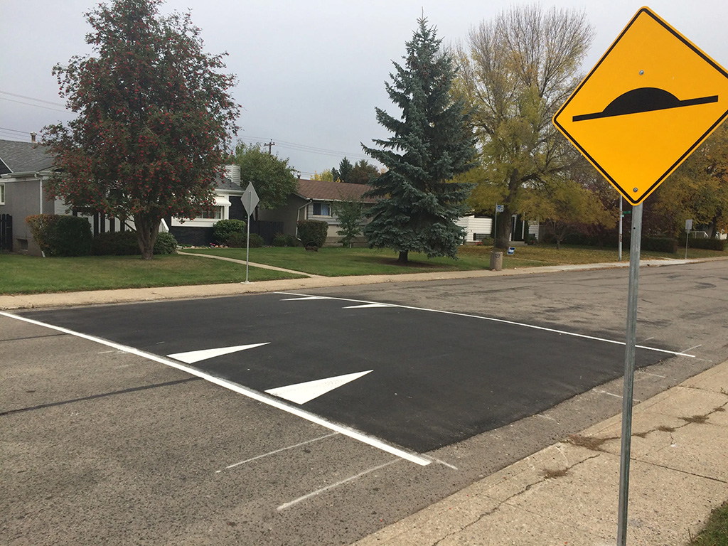 An example of a rubber speed bump used as a traffic calming measure