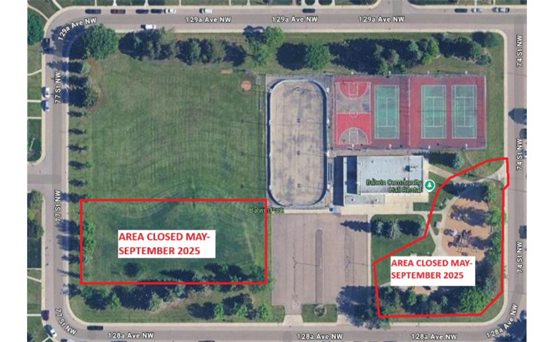 Map showing Balwin Park closure areas, summer 2025