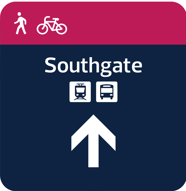 Bike wayfinding sign with distance, direction and destination indicators