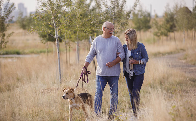 A couple enjoying a walk in one of Blatchford's public space.