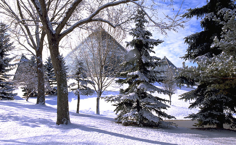 Exterior photo of Muttart Conservatory in winter.