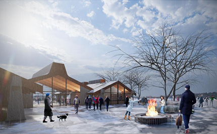 Artist rendering of the Main Pavilion with direct outdoor access for skate rentals.