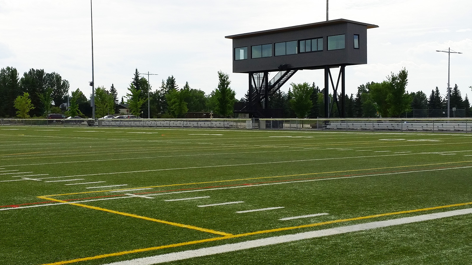 Spotter's box on Mill Woods Community Artificial Turf on a cloudy day.