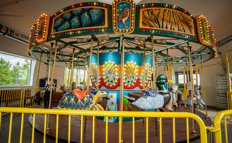 A carousel ride, featuring various animals as the seats, including a duck, turtle, sea lion and red panda.