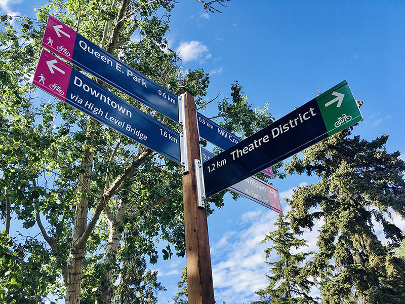 A bike wayfinding sign giving cyclists directions to several Edmonton destinations