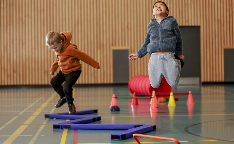 Two young boys playing in a gymnasium.