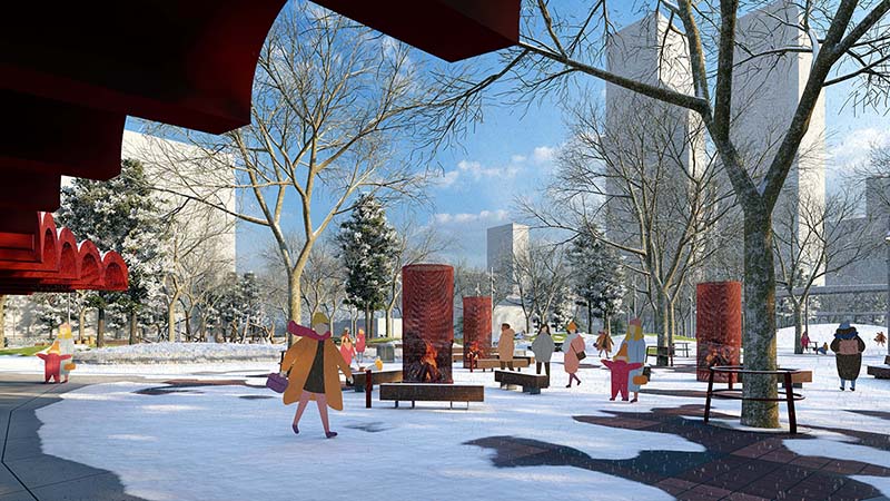 Artist image of Warehosue Park in winter viewed from the pavilion