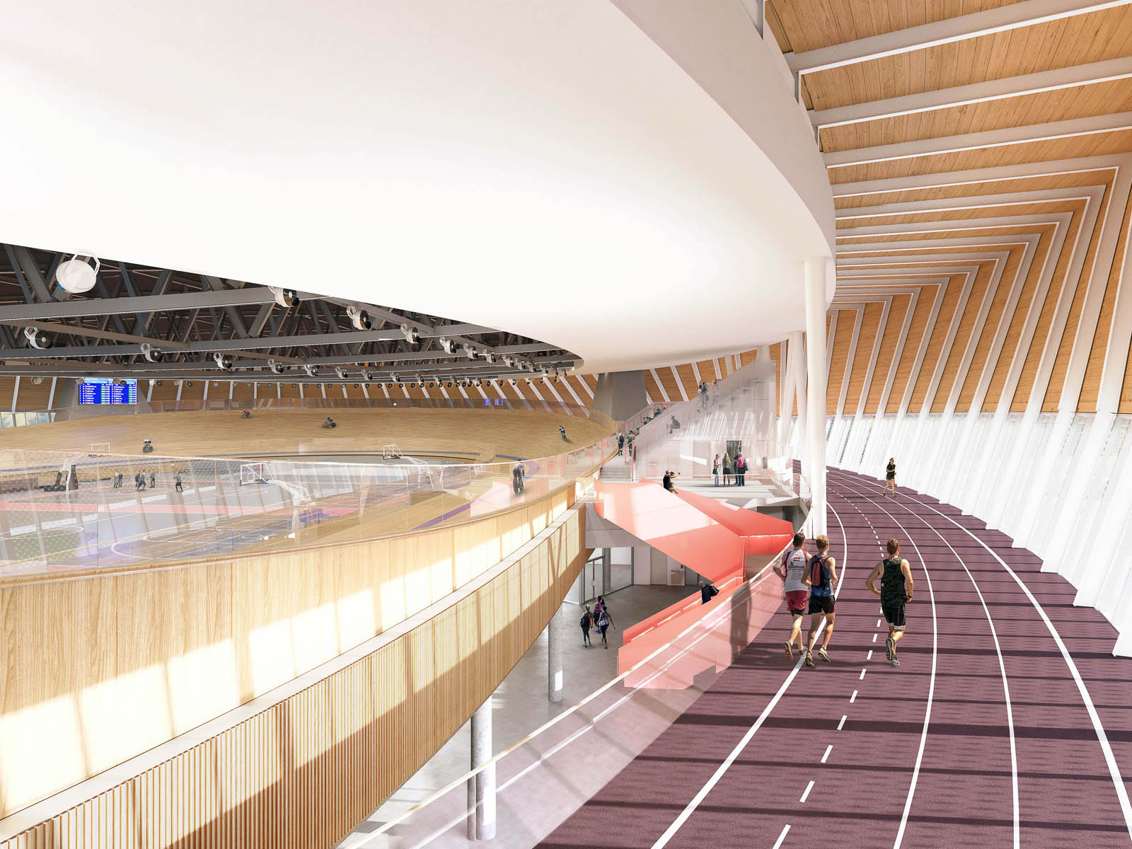 Interior view of the running track, cycle track and sports courts from upper level.