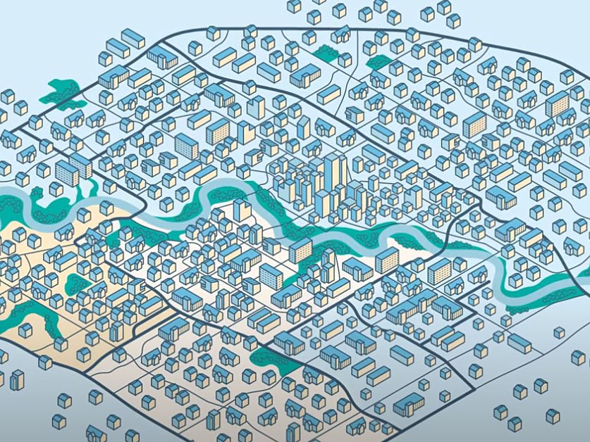 Graphical image of city planning and buildings