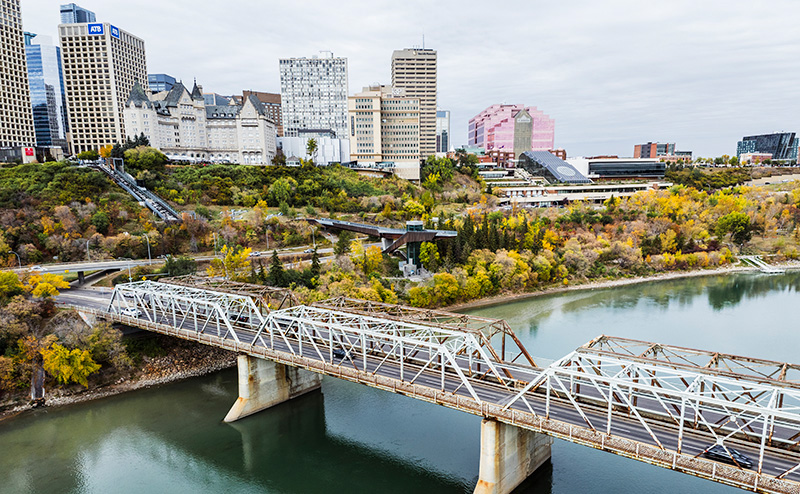 View of the Low Level Bridges across the North Saskatchewan River looking towards the downtown core