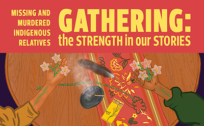 banner with hands holding flowers with table with feathers and smudging tools