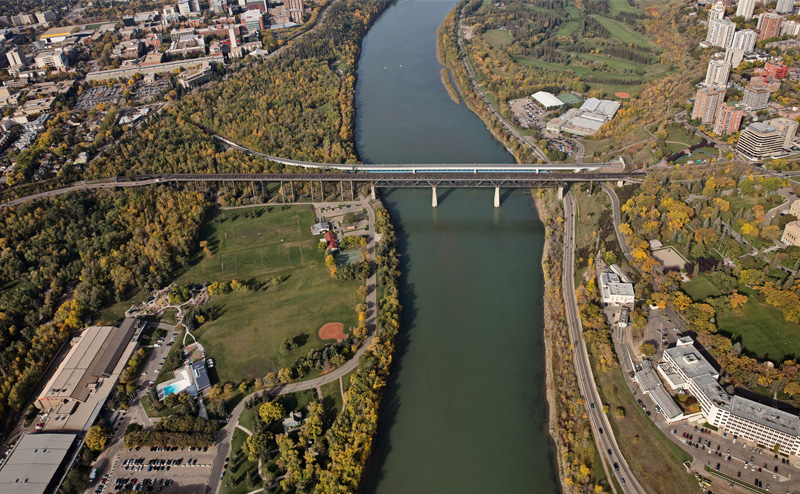 aerial view of river and bridge