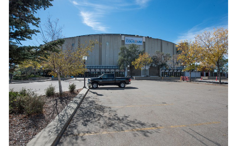 View of the Edmonton Coliseum building from the parking lot
