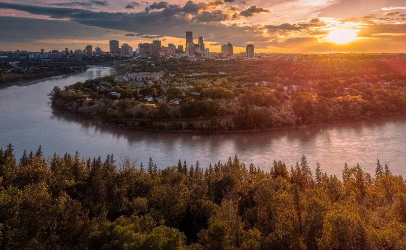 View of the Edmonton skyline and North Saskatchewan River at sunset