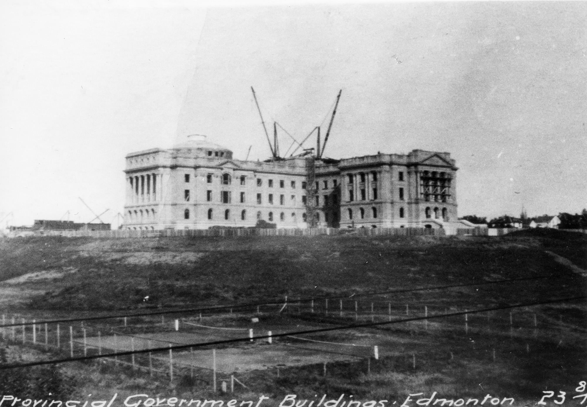 Black and white photo of the Alberta Legislature under construction.