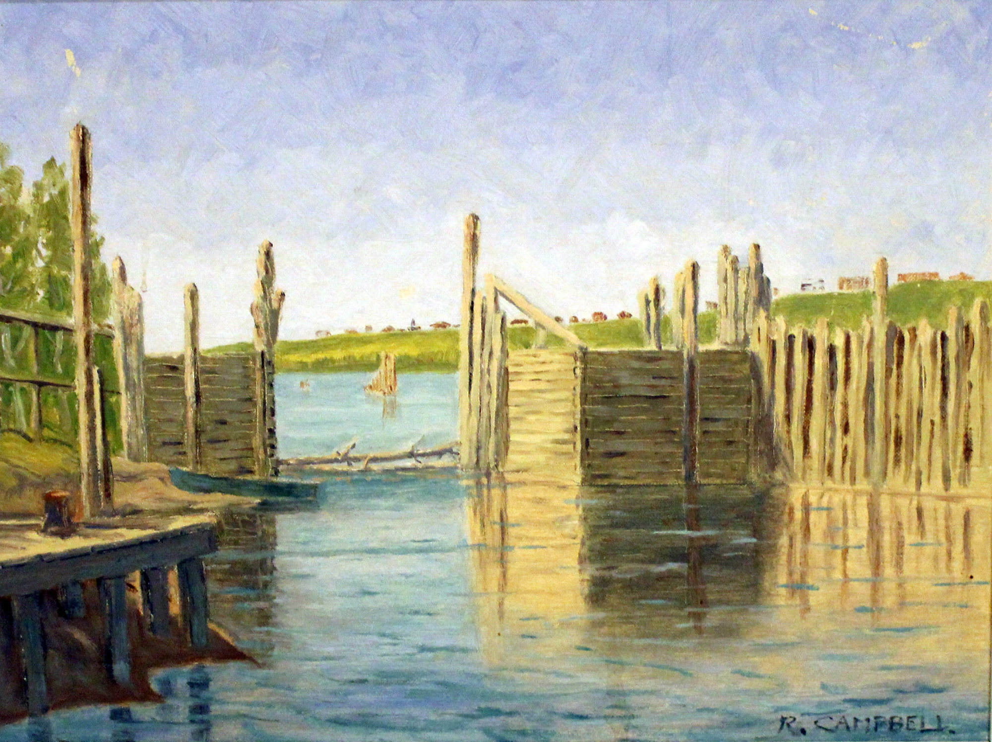 Painting: The Mooring Dock for the River Steamboat “City of Edmonton” at Walterdale in 1919 by Robert Campbell