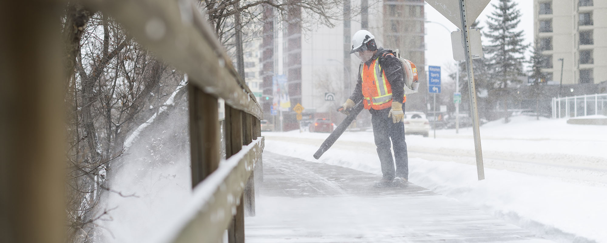 Person blowing snow from residential sidewalk