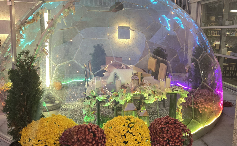 A dome in the Muttart Conservatory, surrounded by flowers, containing a table and chairs.