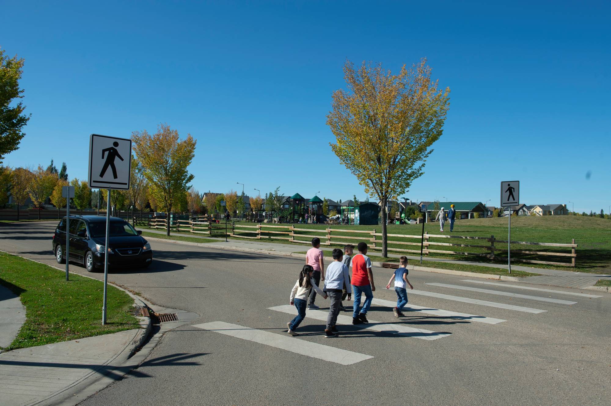 kids crossing street on pedestrian crossing