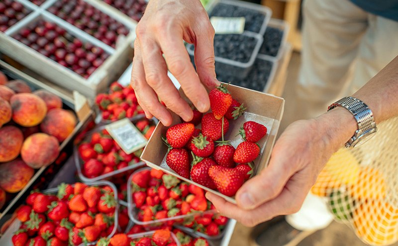 hand holding strawberries