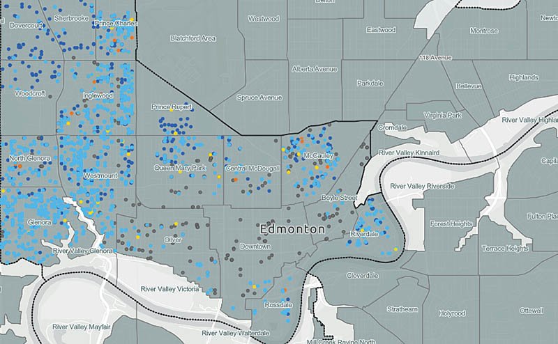 graphic of a map showing various building activities in edmonton