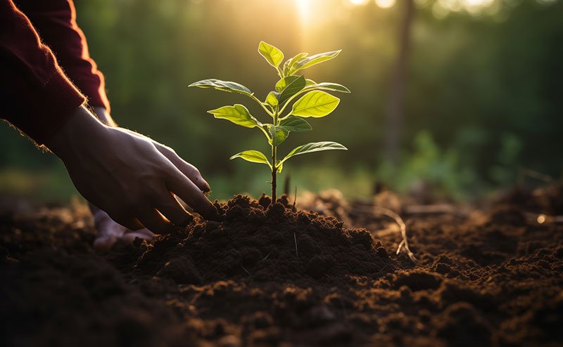 hand touching plant in soil