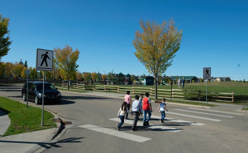 kids crossing street on pedestrian crossing