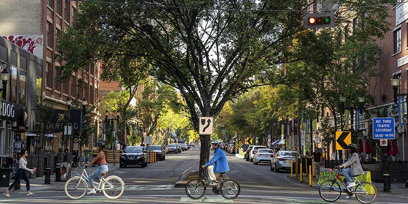 Cyclists enjoy fall colours as they travel along 102 Avenue at 104 Street.