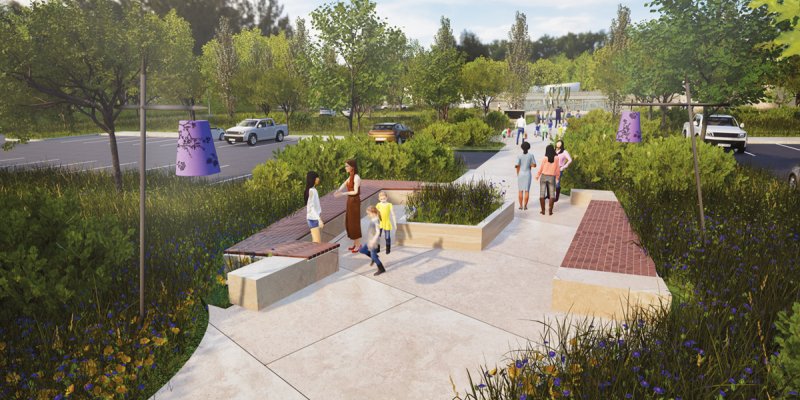 Render: Parking lot central pedestrian path