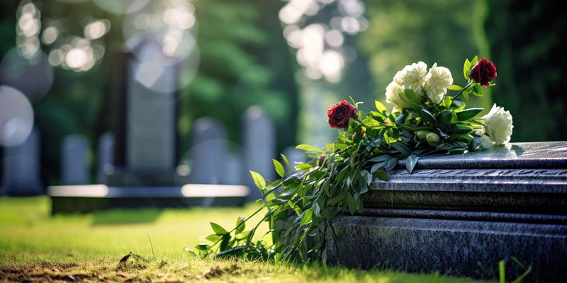 casket on ground with flowers