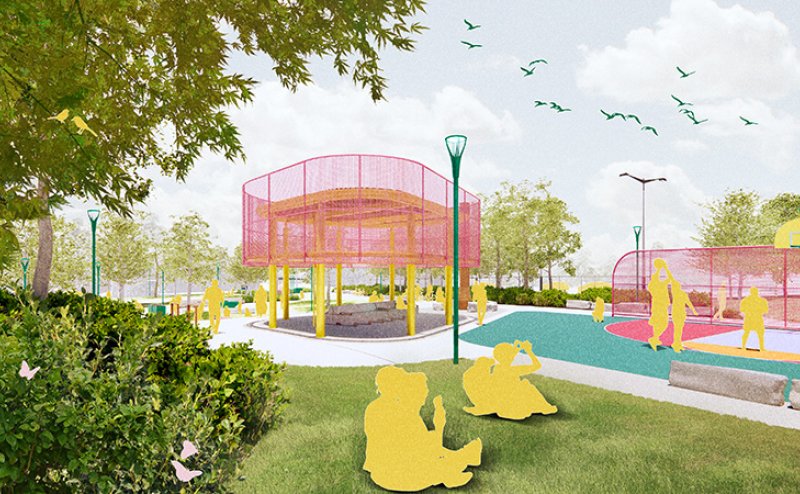 sketch of park structure and people